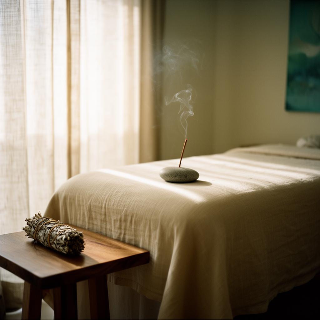 Quiet Miami Beach treatment room with linen-draped massage table, river stone, and sage — evoking shamanic guided meditation paired with bodywork.