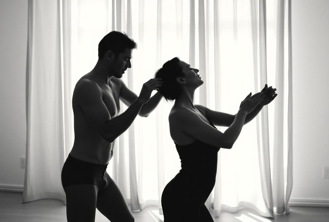 Black-and-white photo of a couple practicing partner breathwork in a sunlit Miami Beach studio